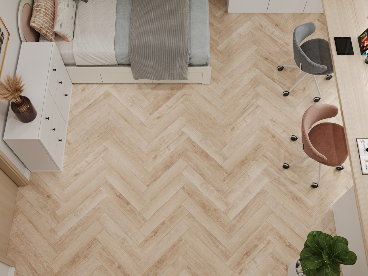 Кварцвиниловый SPC ламинат Cronafloor Herringbone Дуб Дижон H010 венгерская елка 640×128×4,5 фото в интерьере